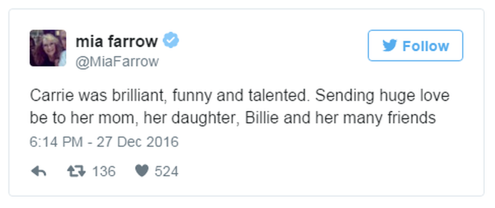 A tweet reads: "Carrie was brilliant, funny and talented. Sending huge love be to her mom, her daughter, Billie and her many friends"