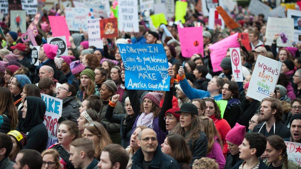 People march along Independence Ave for the Women"s March on Washington in Washington, DC, USA, 21 January 2017.