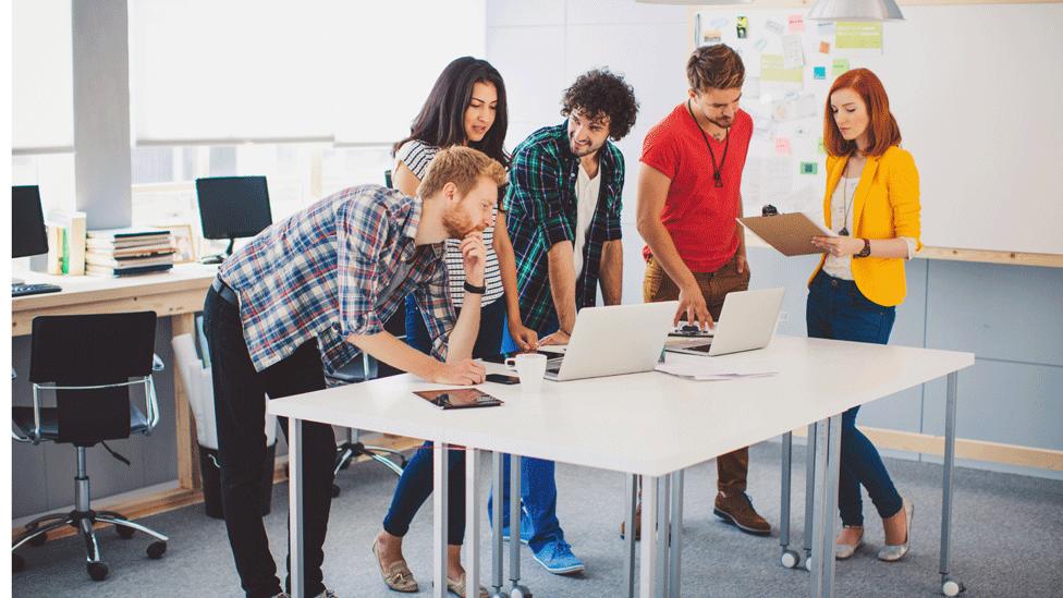 Women and men in office on laptops