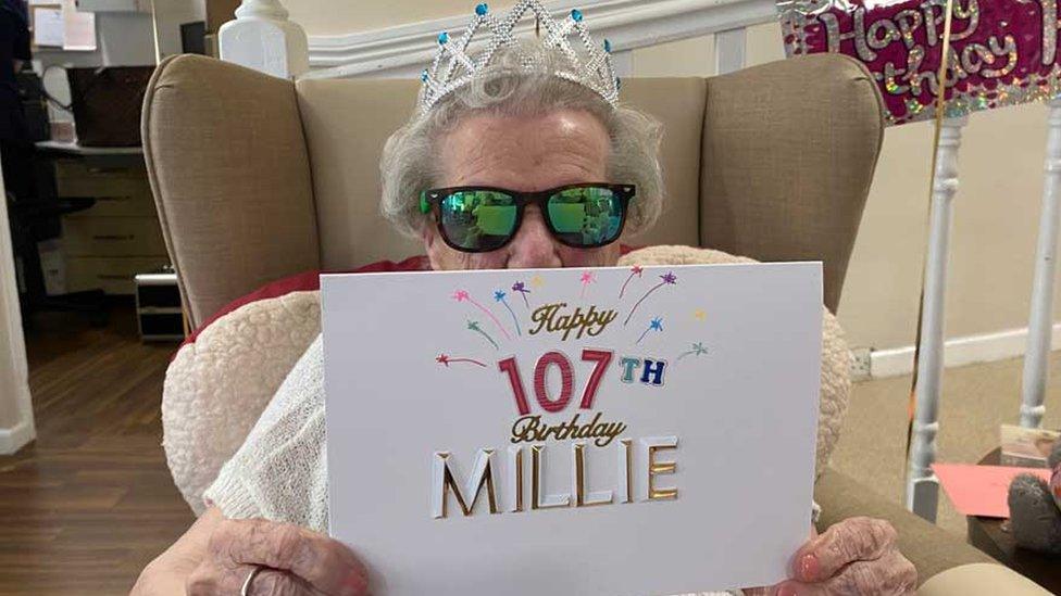 Millie Hopkins and her 107th birthday cards