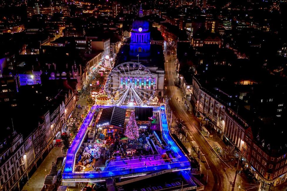 Winter Wonderland in Nottingham seen from the sky