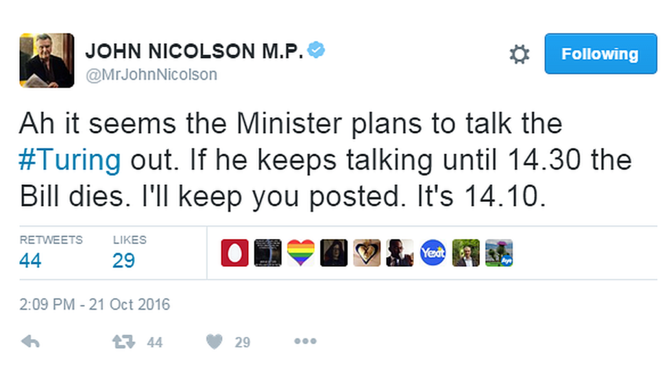 John Nicolson tweets about the Turing Bill being talked out in a Commons debate.