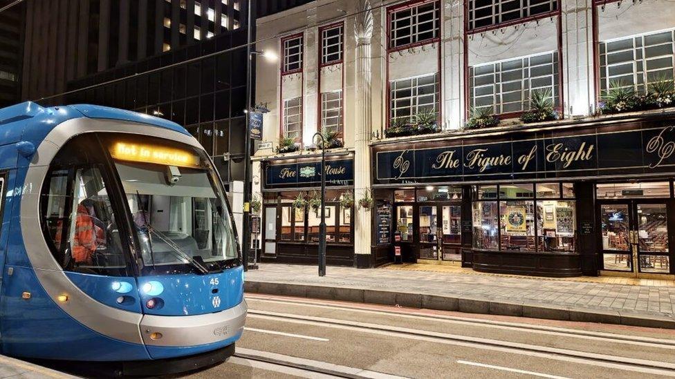 The first tram sets off