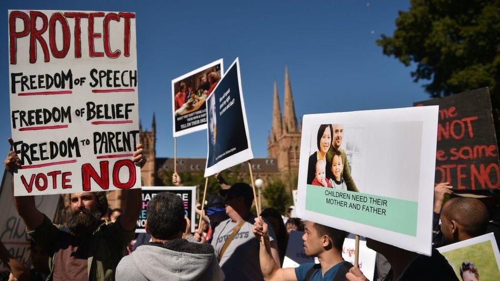 Protesters hold up banners at an anti-same-sex marriage rally in Sydney