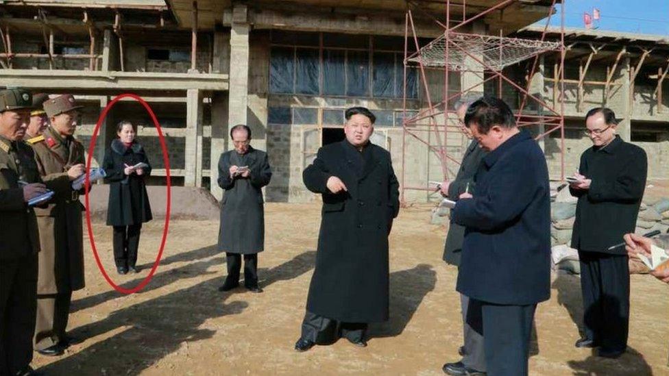 Kim Jong-un centre seen with his younger sister Kim Yo-jong at a nursing home for the elderly in a picture provided by Korean Central News Agency on 6 March 2017