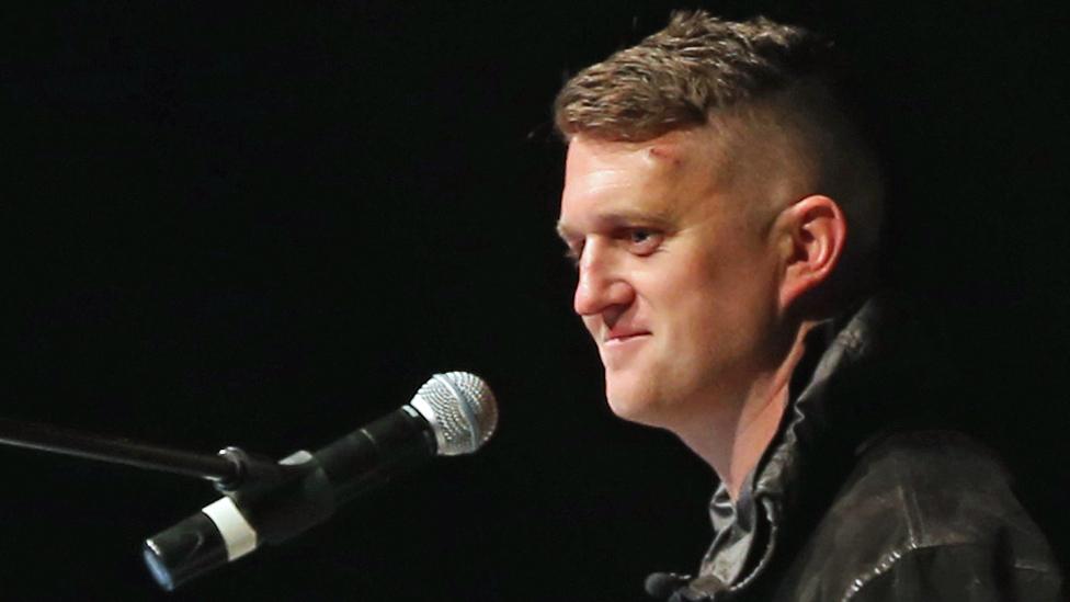 Tommy Robinson of the English Defense League speaks to supporters of the Pegida movement gathered on the first anniversary since the first Pegida march on October 19, 2015 in Dresden, Germany