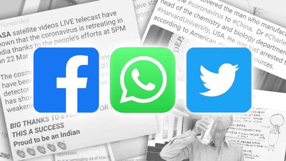 Stack of screenshots with Facebook, WhatsApp and Twitter logos on top