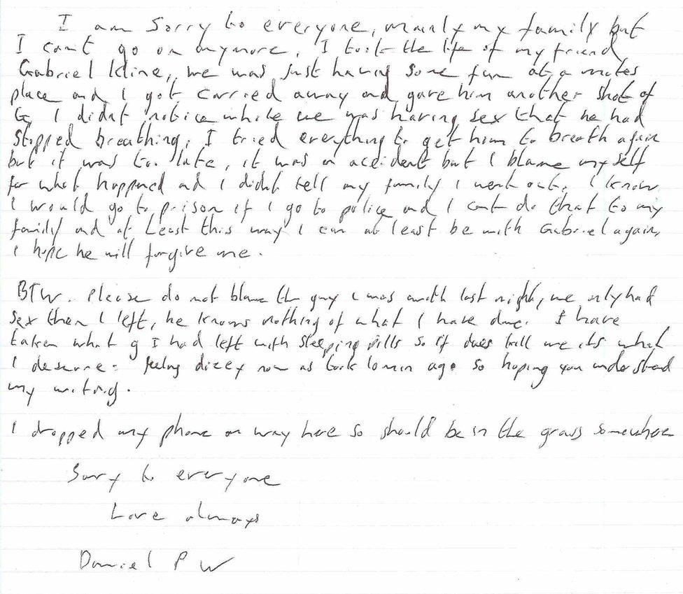 A copy of the alleged suicide note