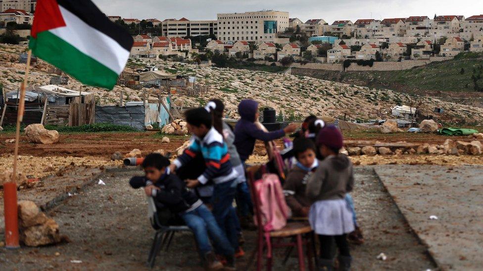 Palestinian children from the Abu Nawar community attend a class in the West Bank town of al-Azariya, near the Jewish settlement of Maale Adumim (23 February 2016)