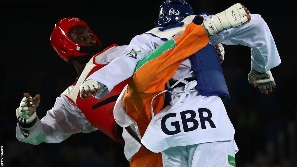 Cheick Cisse in action at the 2016 Rio Olympic Games against Great Britain's Lutalo Muhammad