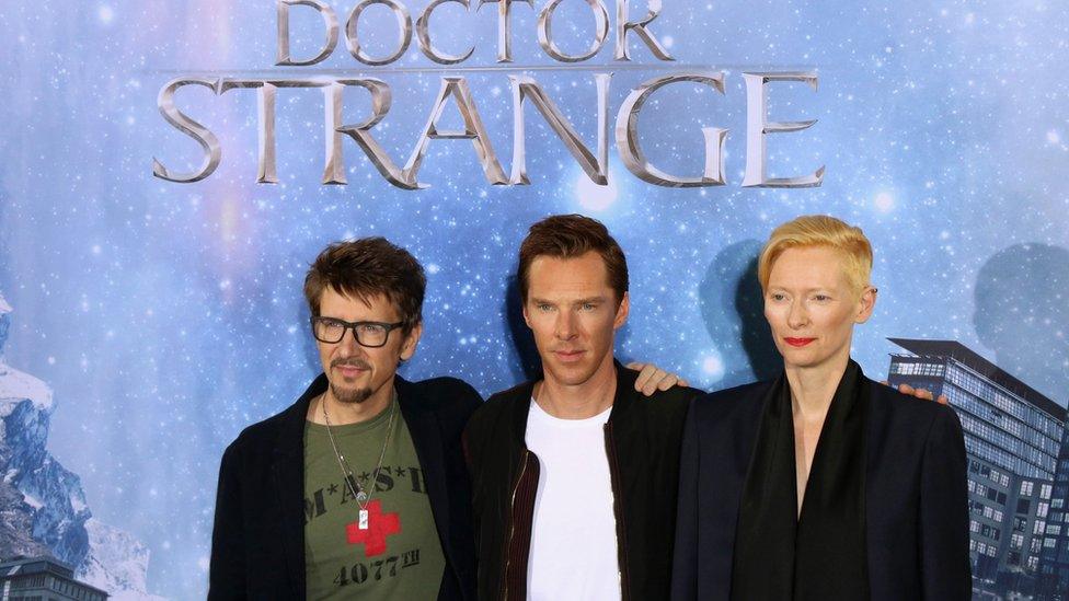 Scott Derrickson with Benedict Cumberbatch and Tilda Swinton