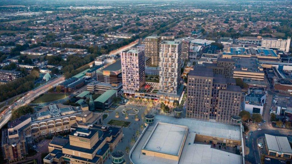 A CGI rendering of an aerial view of Town Square North from the south west.