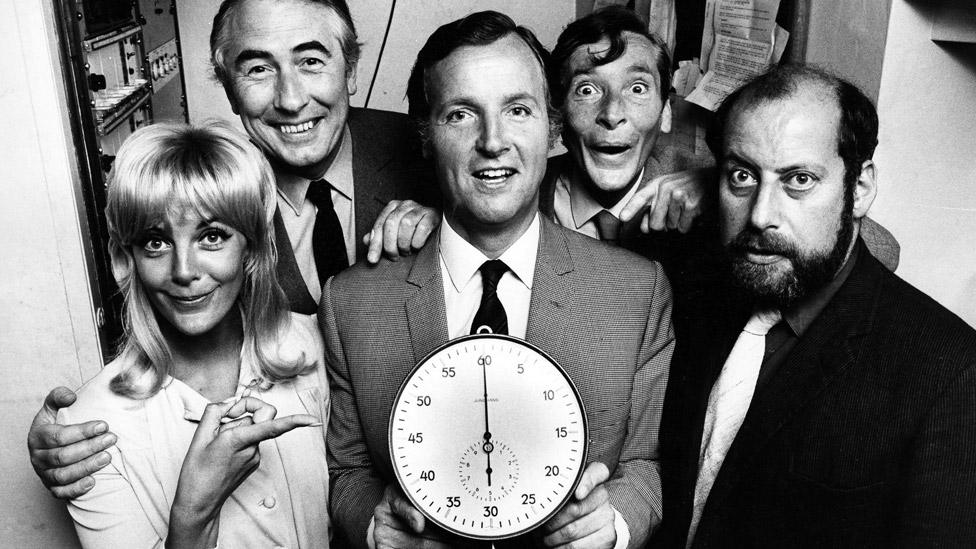 Nicholas Parsons (centre) with Just A Minute guests (L-R) Aimi MacDonald, Peter Jones, Kenneth Williams and Clement Freud in 1971