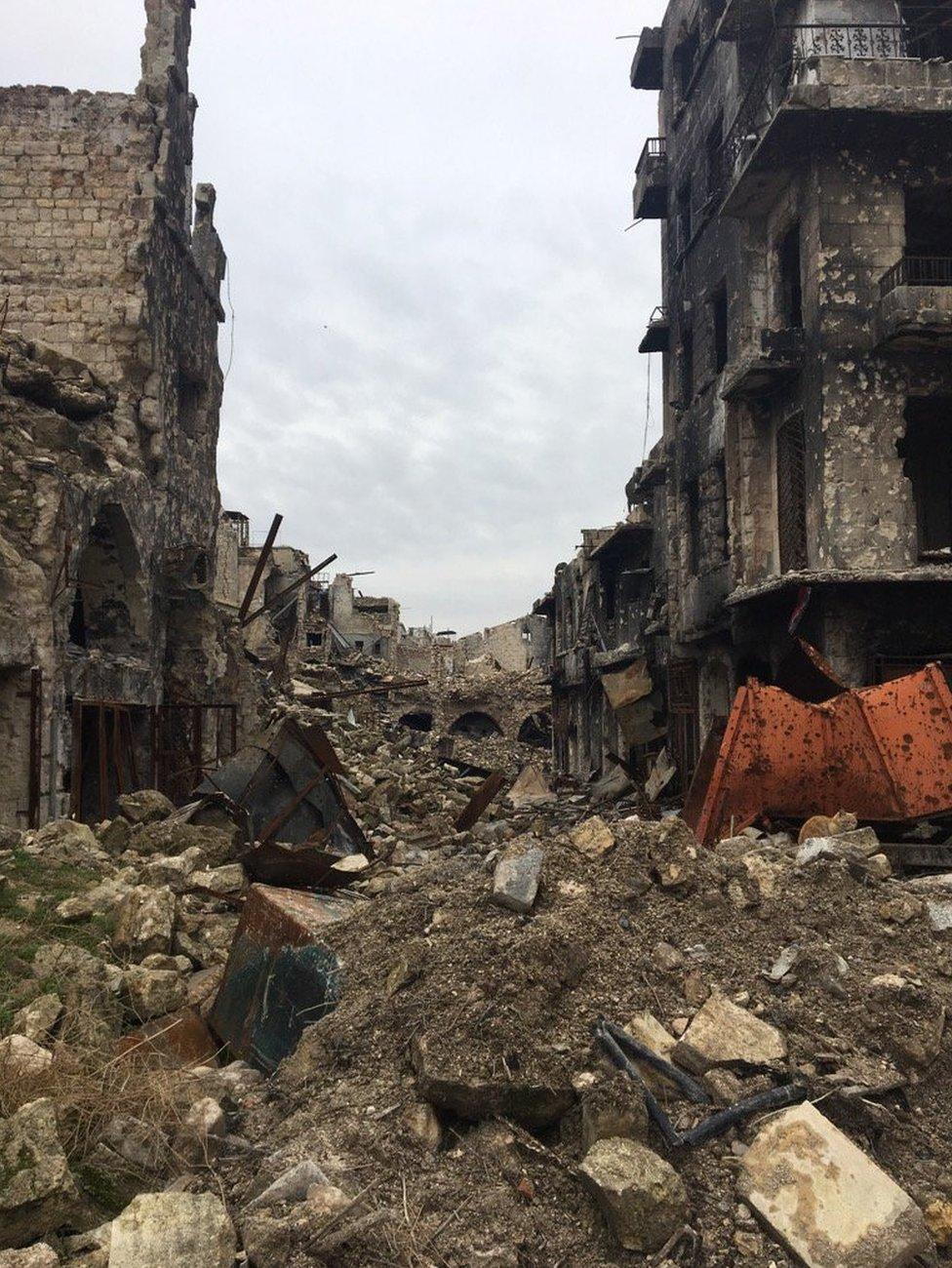 A destroyed road in Aleppo