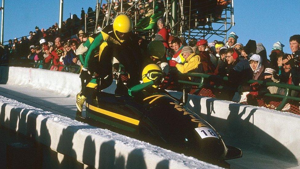 Devon Harris, Dudley Stokes, Michael White, and Nelson Stokes competing in 1988