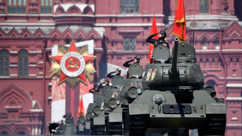 Russian servicemen march in the Victory Day Parade in Red Square in Moscow, Russia, June 24, 2020