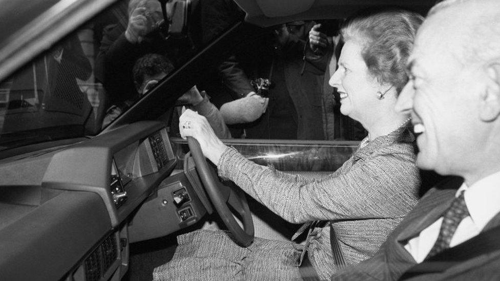 Mrs Thatcher at the wheel of a British Leyland made Austin Maestro.