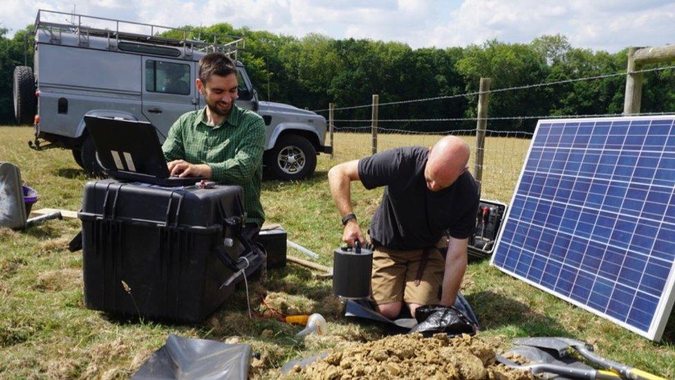 Dr Stephen Hicks from Imperial and Dr David Hawthorn from the BGS installing one of the seismometers