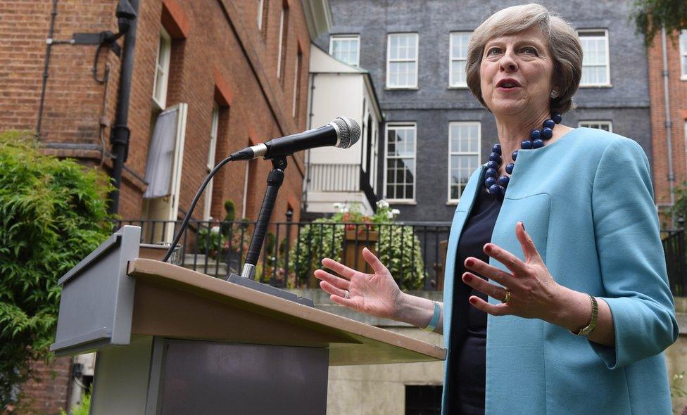 Theresa May giving a speech on 14 July