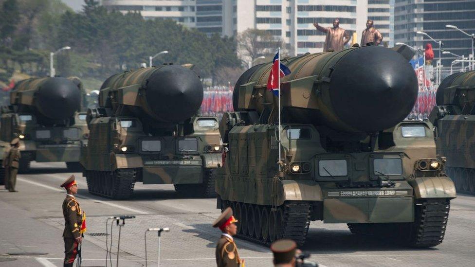 An unidentified rocket is displayed during a military parade marking the 105th anniversary of the birth of late North Korean leader Kim Il-Sung in Pyongyang on April 15, 2017