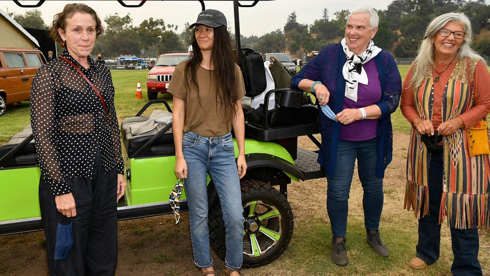 Frances McDormand, Chloe Zhao, Charlene Swankie and Linda May at the 2020 Telluride Film Festival