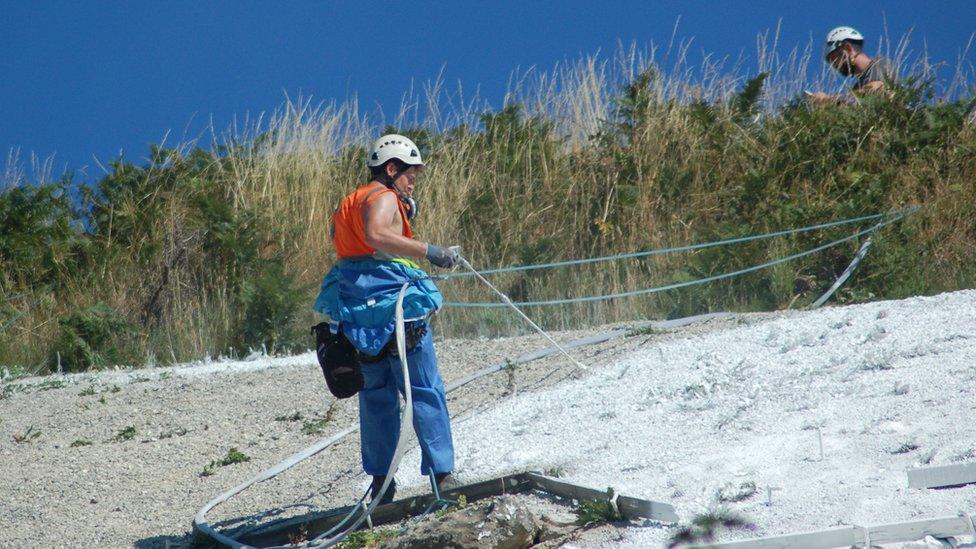 Contractors at work on the famous Yorkshire landmark