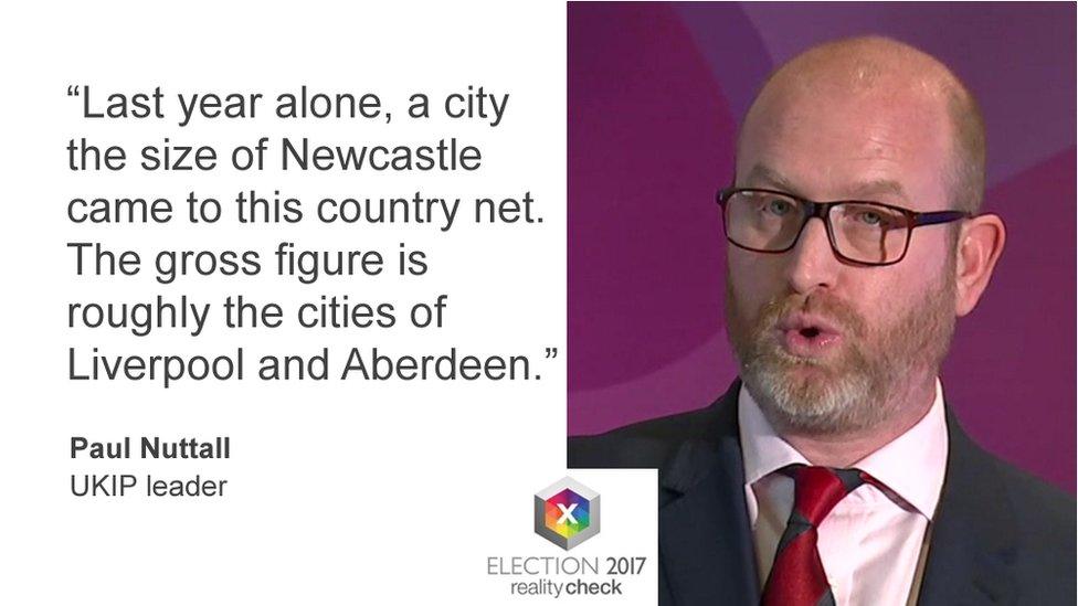 Paul Nuttall saying: Last year alone a city the size of Newcastle came to this country net. The gross figure is roughly the cities of Liverpool and Aberdeen put together