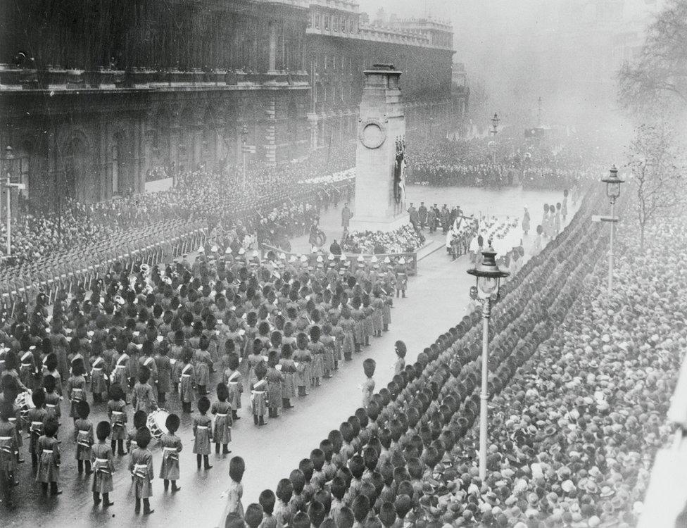 Photo shows a general view of the ceremonies which took place on Armistice Day morning at the London Cenotaph, in Whitehall. 1925