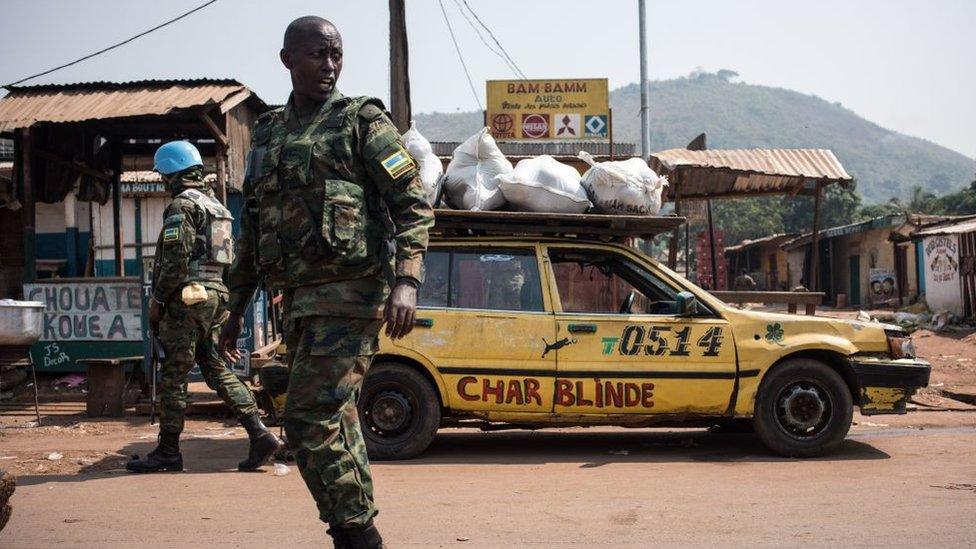 A United Nations Multidimensional Integrated Stabilization Mission in the Central African Republic (MINUSCA) soldier patrols