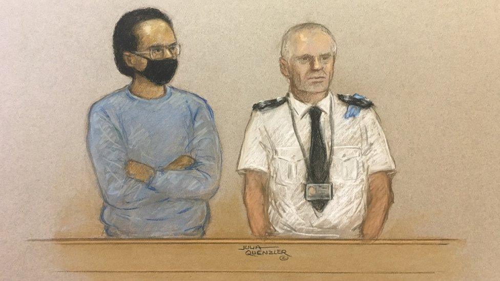 Court sketch of Ali Harbi Ali with guard at the Old Bailey on 21 December 2021