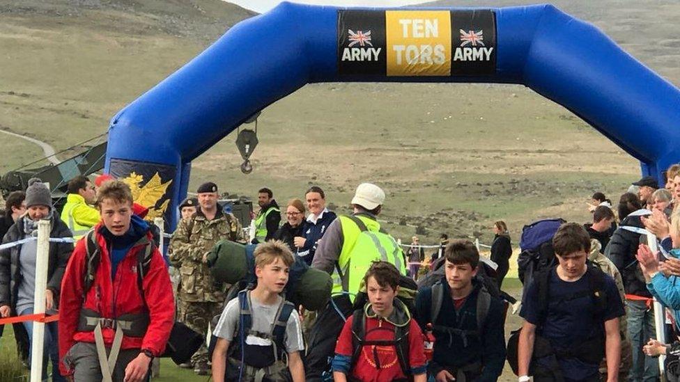 Torbay Scouts crossing the Ten Tors finishing line, 13 May 2018