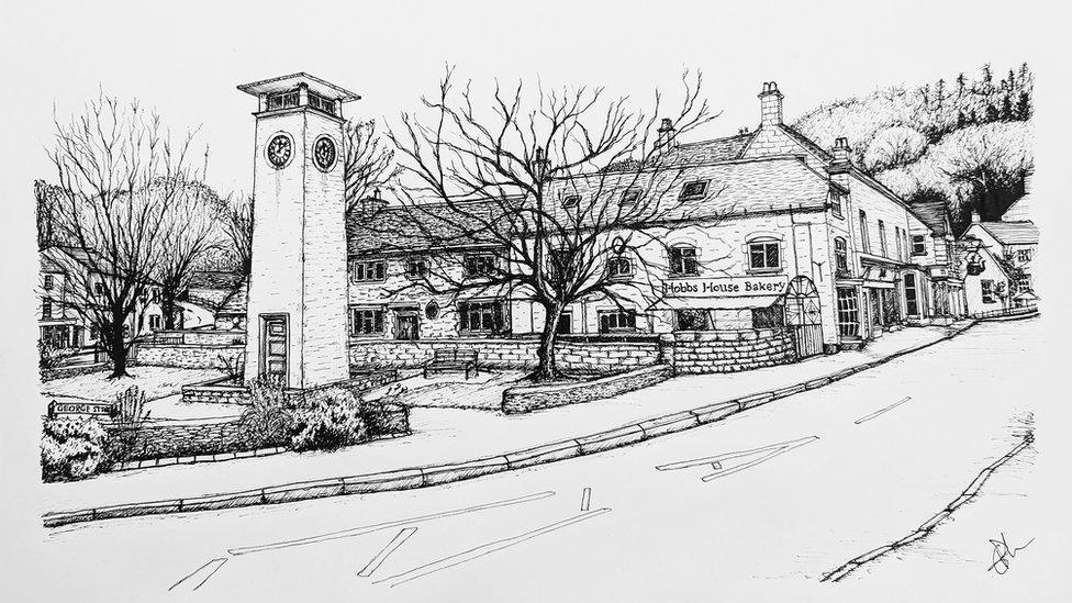 Drawing of Nailsworth clocktower in front of Hobbs House Bakery