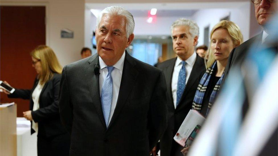 US Secretary of State Rex Tillerson arrives at the Atlantic Council in Washington.