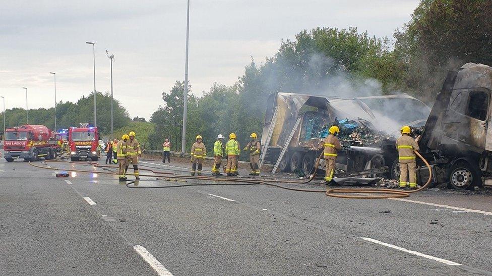 Burned lorry on the M6