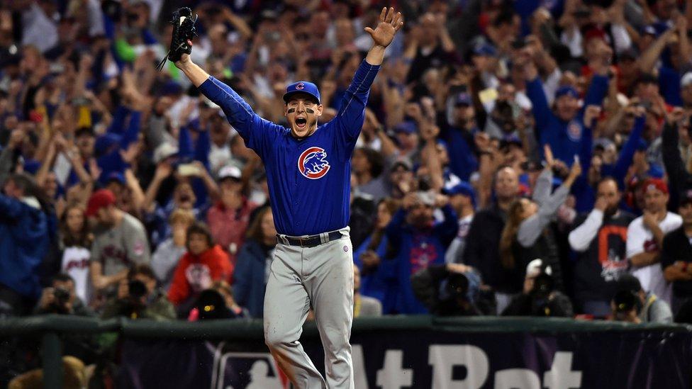 Anthony Rizzo celebrates Chicago Cubs winning the World Series