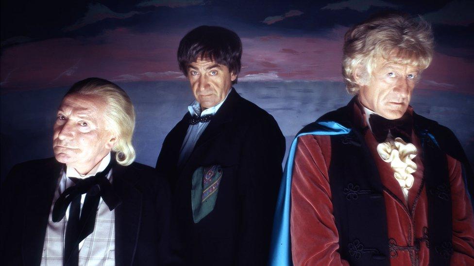 William Hartnell, Patrick Troughton and Jon Pertwee in The Three Doctors