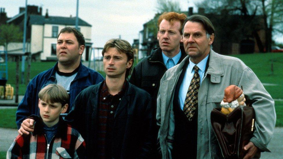 Left-right: Wim Snape, Mark Addy, Robert Carlyle, Steve Huison and Tom Wilkinson in 1997's The Full Monty