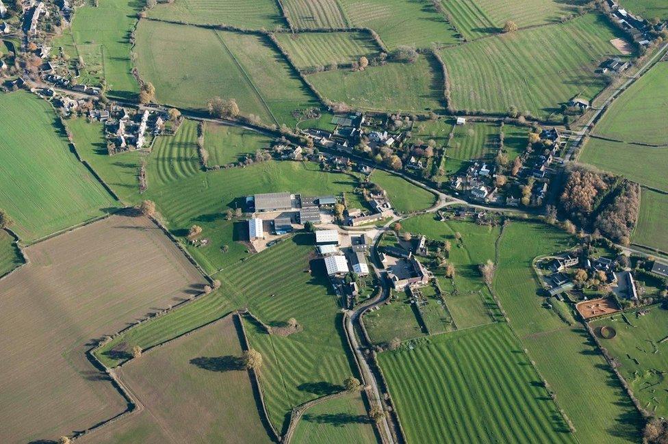 Aerial view of Furrows in fields in Gloucestershire