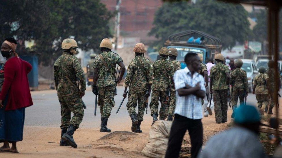 Security force members on patrol in Kampala, Uganda - 14 January 2021