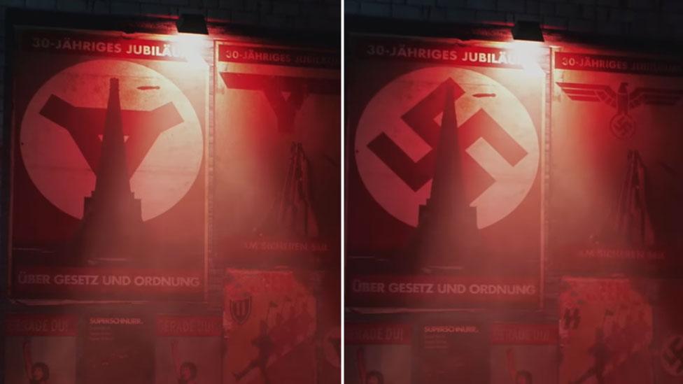 A comparison of posters affixed to the wall in Wolfenstein Youngblood: in one, the swastika has been replaced with a triangle