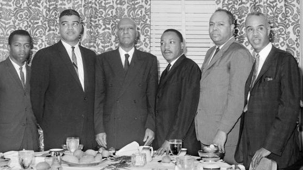 John Lewis (L), with the other Big Six members, Whitney Young, Philip Randolph, Martin Luther King Jr, James Farmer and Roy Wilkins in 1963