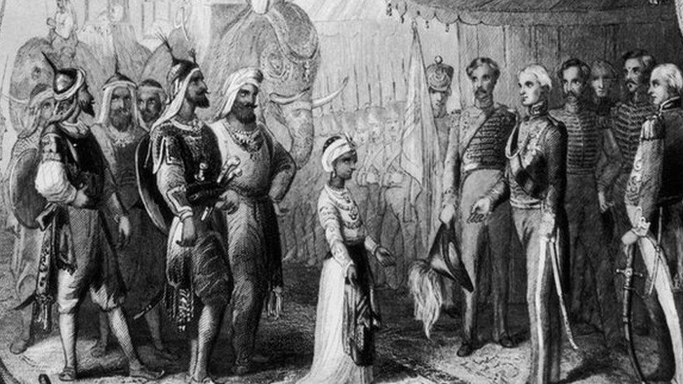 The young maharajah submits to Sir Henry Hardinge at the end of the Anglo-Sikh War