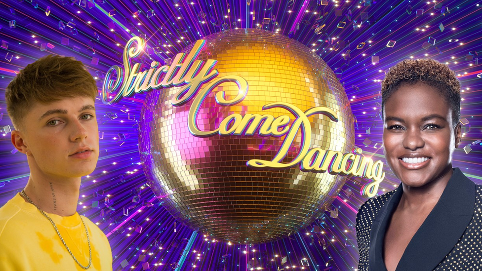 HRVY and Nicola Adams in front of the Strictly Come Dancing logo.