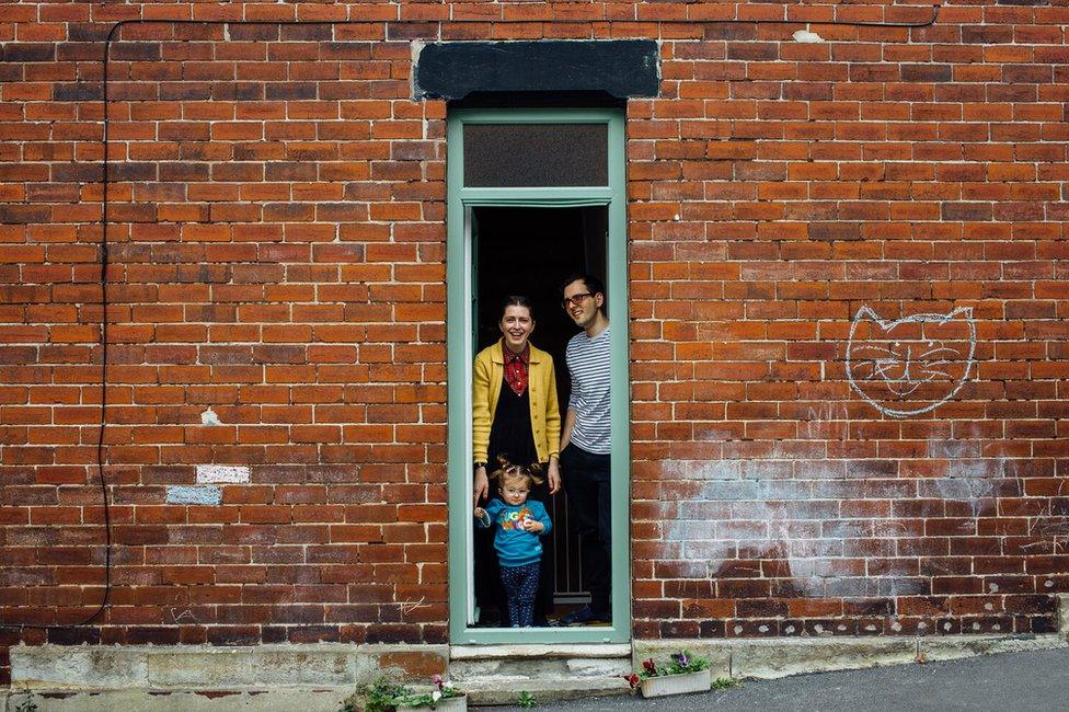 Doorstep portrait of Grace, Hugh and Ada in Meersbrook