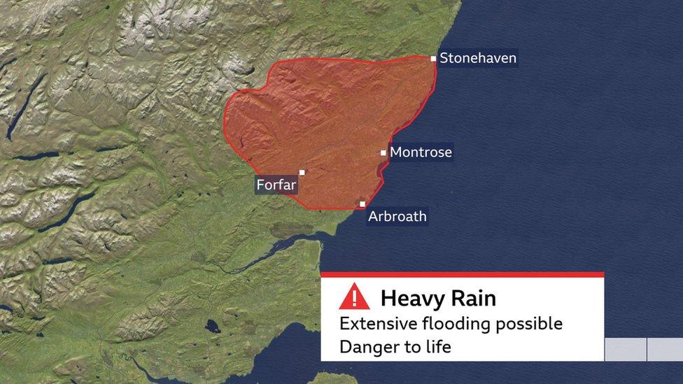 Map shows area covered by a Met Office red warning, which includes much of Angus and parts of Perth & Kinross and the south-east Grampians. Warning text reads "Extensive flooding possible. Danger to Life"