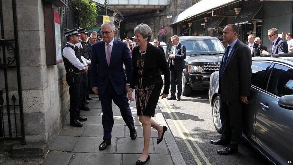 Theresa May and Malcolm Turnbull visiting Southwark Cathedral