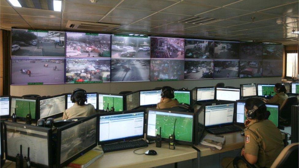 Delhi Police C4i control room where more than 1000 CCTV cameras installed in the capital are being monitored.