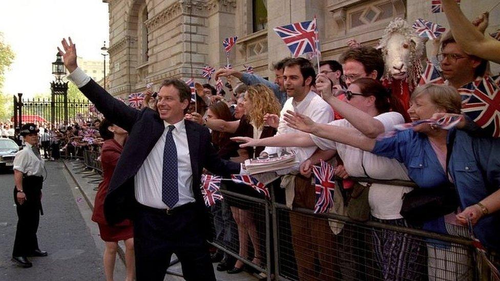 Tony and Cherie Blair arrive in Downing Street after Labour's landslide win