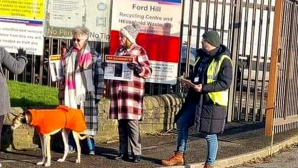 Campaigners outside Ford Hill waste recycling centre