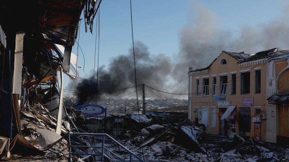 Plumes of smoke rise from a Russian strike in Bakhmut on 7 January